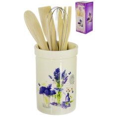 Держатель для столовых приборов 4 предмета, в наборе деревянные ложка, вилка, лопатка и метал.венчик декор ВИОЛЕТ, подарочная упаковка ТМ Elrington , арт. 110-07045