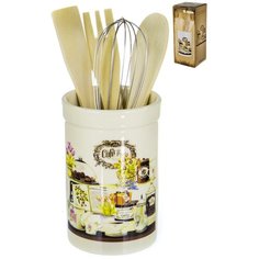 Держатель для столовых приборов 4 предмета, в наборе деревянные ложка, вилка, лопатка и метал.венчик декор БРАУНИ, подарочная упаковка ТМ Elrington , арт. 110-07031