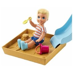 Кукла Barbie Скиппер Игра с малышом Блондин-мальчик и голубая горка, FXG96