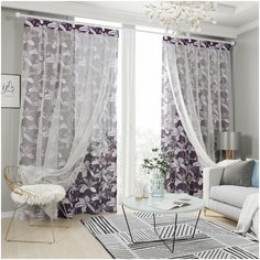 Комплект штор с тюлем на шторной ленте 18085, 145*260 см, 2 шт, подхват 2 шт. Сирень