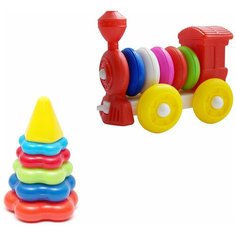 Набор развивающий: Пирамида детская малая арт. 40-0046 + Конструктор-каталка "Паровозик" арт. К-004 Karolina Toys