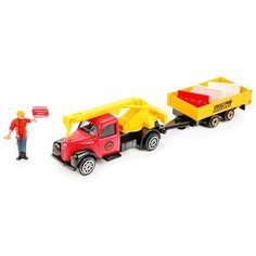 Автокран ТЕХНОПАРК Стройка с прицепом и фигуркой (66009-R), 16 см, желтый/красный