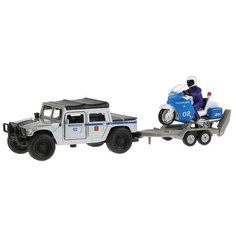 Машины металл Hummer H1 полиция 12см, инерц. + мотоцикл на прицепе. Технопарк