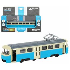 Машинка детская, металлическая, инерционная, Автопанорама, коллекционная, Трамвай , масштаб 1:90, синий, чип на русском языке, свет.