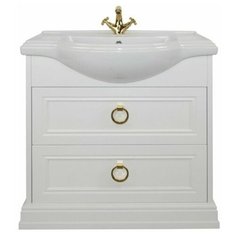 Тумба с керамической раковиной FOSTER 80, TS-F9080-C-W/BU 013.80.19, ШхГхВ : 81х47,5х86 см., напольная, два ящика с доводчиками, цвет белый, ручки круг золото. Tessoro