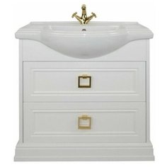 Тумба с керамической раковиной FOSTER 80, TS-F9080-C-W/BU 014.75.19, ШхГхВ : 81х47,5х86 см., напольная, два ящика с доводчиками, цвет белый, ручки квадратные золото. Tessoro