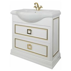 Тумба с керамической раковиной FOSTER 80, TS-F9080-C-W-G/BU 014.75.19, ШхГхВ : 81х47,5х85 см., напольная, два ящика с доводчиками, цвет белый патина с золотом, ручки квадрат золото. Tessoro
