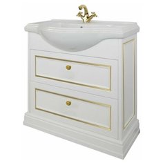 Тумба с керамической раковиной FOSTER 80, TS-F9080-C-W-G/T009-G, ШхГхВ : 81х47,5х85 см., напольная, два ящика с доводчиками, цвет белый патина с золотом, ручки кнопки золото. Tessoro