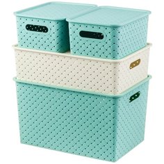 Набор 4-х корзинок с крышками 3 л, 3 л, 7,5 л, 14 л EL Casa Береста шалфей и слоновая кость