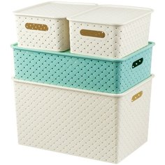 Набор 4-х корзинок с крышками 3 л, 3 л, 7,5 л, 14 л EL Casa Береста слоновая кость и шалфей