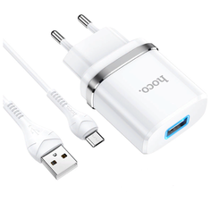 Сетевое зарядное устройство HOCO N1 Ardent + кабель microUSB, функция быстрой зарядки, 2.4A, подсветка. Цвет- белый