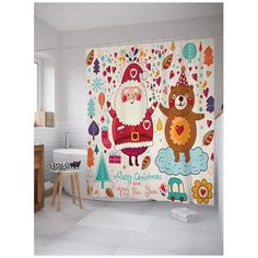 Штора для ванной JoyArty Дед Мороз с медведем 180х200
