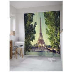 Штора для ванной JoyArty Эйфелева башня близко 180х200 зеленый/бежевый