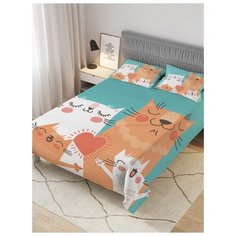 Покрывало стеганое жаккардовое с 2-мя наволочками "Веселая кошачья семья", 1,5-спальное (160x220 см) Ambesonne