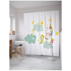 Штора для ванной JoyArty Единорог ловит звезды 180х200 белый/зеленый/желтый
