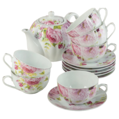 Чайный сервиз Доляна Вдохновение (240621), 6 персон, 13 предм., белый/розовый