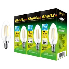 Комплект из 3 светодиодных филаментных ламп Sholtz свеча 7Вт E14 4000К C37 220-240В стекло