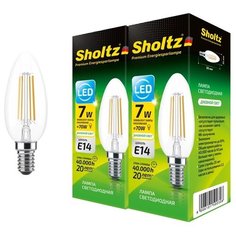 Комплект из 2 светодиодных филаментных ламп Sholtz свеча 7Вт E14 4000К C37 220-240В стекло