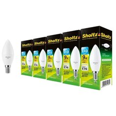 Комплект из 5 светодиодных ламп Sholtz свеча 9Вт E14 4000К C37 220-240В пластик