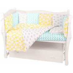 Борт в кроватку 12 предметов (12 подушек-бортиков) AmaroBaby HAPPY BABY (мятный/желтый, бязь)