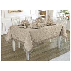 Скатерть с салфетками "Karna. KDK", украшена гипюром, 160х220 см, 8 салфеток, цвет: бежевый
