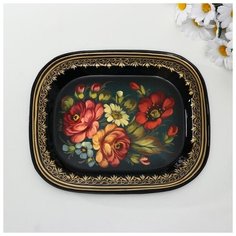 Поднос жостовский "Цветы", ровный, автор Хитров, 26х22 см, малый, прямоугольный 4234070 Сима ленд