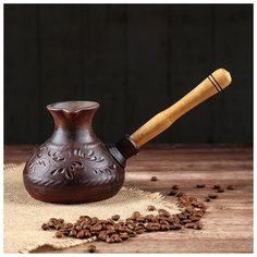 Турка для кофе с деревянной ручкой 0,7 л декор микс красная глина 1454757