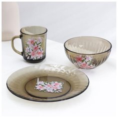Набор для завтрака "Весна" (тарелка, пиала, кружка) дымка 2460423 Gid Glass