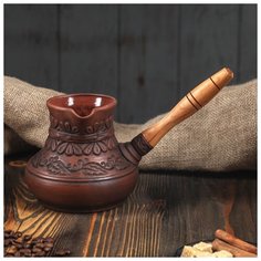 Турка для кофе 0,7 л глазурованная, деревянная ручка 1989045 Красная глина