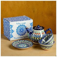 Набор чайный Риштан, 4 предмета в подар упак: чайник 0,7л, 2 пиалы 9,5см, тарелка 17см 5349595 Сима ленд