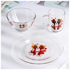 Набор для завтрака "Dog" (тарелка 20 см, миска 450 мл, кружка 200 мл) 5367440 Gid Glass