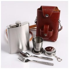 Набор 4в1 (фляжка 270 мл+ложка+вилка+рюмка 100мл), в чехле, кожзам, коричневый, 10х16 см 2642779 Сима ленд