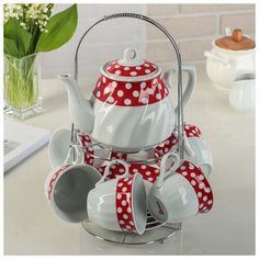 Сервиз чайный на подставке 13 пред "Горох" чайник 1 л, 6 чашек 210 мл, 6 блюдец, 1405169 Доляна