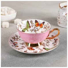 Чайная пара "Маклен" чашка 200 мл, 13х10,5х6 см, блюдце 15х2 см. цвет розовый 4720076 Сима ленд