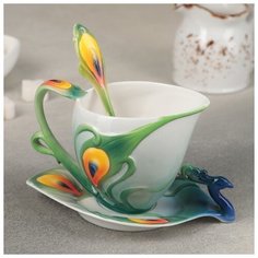 Чайная пара "Ботаника. Павлин" чашка 200 мл, 13х8х8,5 см, блюдце 15х10х5,5 см, ложка 4716185 Сима ленд