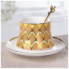 Кофейная пара "Золотой лист" 200 мл, чашка 10,5х8,5х7 см, блюдце, ложка, цвет желтый 5259345 Сима ленд