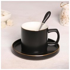 Чайная пара "Грация" чашка 180 мл, 11x7,5x7 см, блюдце 14,5x1,5 см, ложка, цвет черный мат 4486619 Сима ленд