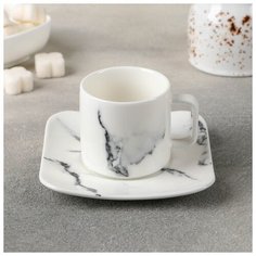 Кофейная пара "Мрамор" чашка 90 мл 7,6х5,9х5,5 см, блюдце 11,2х1,4 см, цвет белый 4721574 Сима ленд