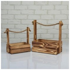 Набор кашпо деревянных 2 в 1 (25.5×15×30; 20×12×23 см) "Аром", ручка канат, натуральный 5309153 Сима ленд