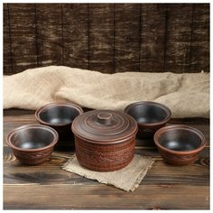 Набор кастрюля 1,7 л и 4 миски 0,4 л красная глина резная 1517329