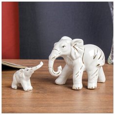 Сувенир керамика "Слониха со слонёнком" белые набор 2 шт 10,5х19,5х7 см 1971442 Сима ленд
