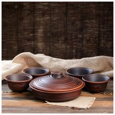 Набор сковородка 2 л и 4 миски 0,4 л красная глина резная 1517332