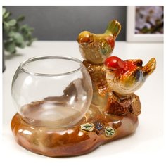 Сувенир керамика вазон "Цветные воробьи на брёвнышке" 13х16,5х12 см 5078139 Сима ленд