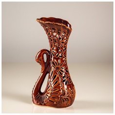 Ваза настольная "Лебедь", коричневая, резка, 22 см 2884105 Керамика ручной работы