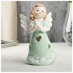 Сувенир керамика световой "Ангел-девочка в мятном платье, с голубем в руке" 12,1х6х7 см 4059454 Сима ленд