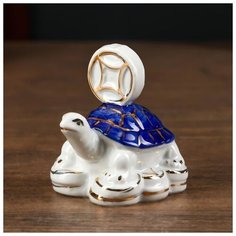 Сувенир керамика нэцке "Черепаха с китайской монетой" бело-синяя с золотом 7,5х7,5х5 см 4825566 Сима ленд