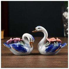 Сувенир керамика "Синие лебеди с букетом роз" набор 2 шт 8,5х5х9 см 4978235 Сима ленд