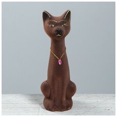 Копилка "Кот Мурзик", малый флок коричневый 333666 Керамика ручной работы