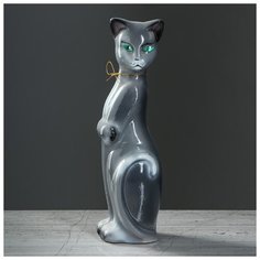 Копилка "Кошка Багирка с лапкой", глянец, серая, 28 см 1367553 Керамика ручной работы