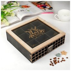 Шкатулка дерево, металл, стекло с делениями "Время для кофе" чёрная 7,5х24х24 см 4466417 Сима ленд